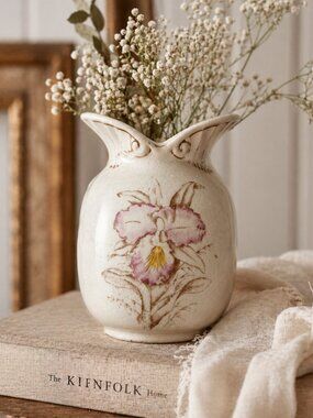 Vintage Orchid Vase Crackle Glaze Cottagecore Floral Ceramic